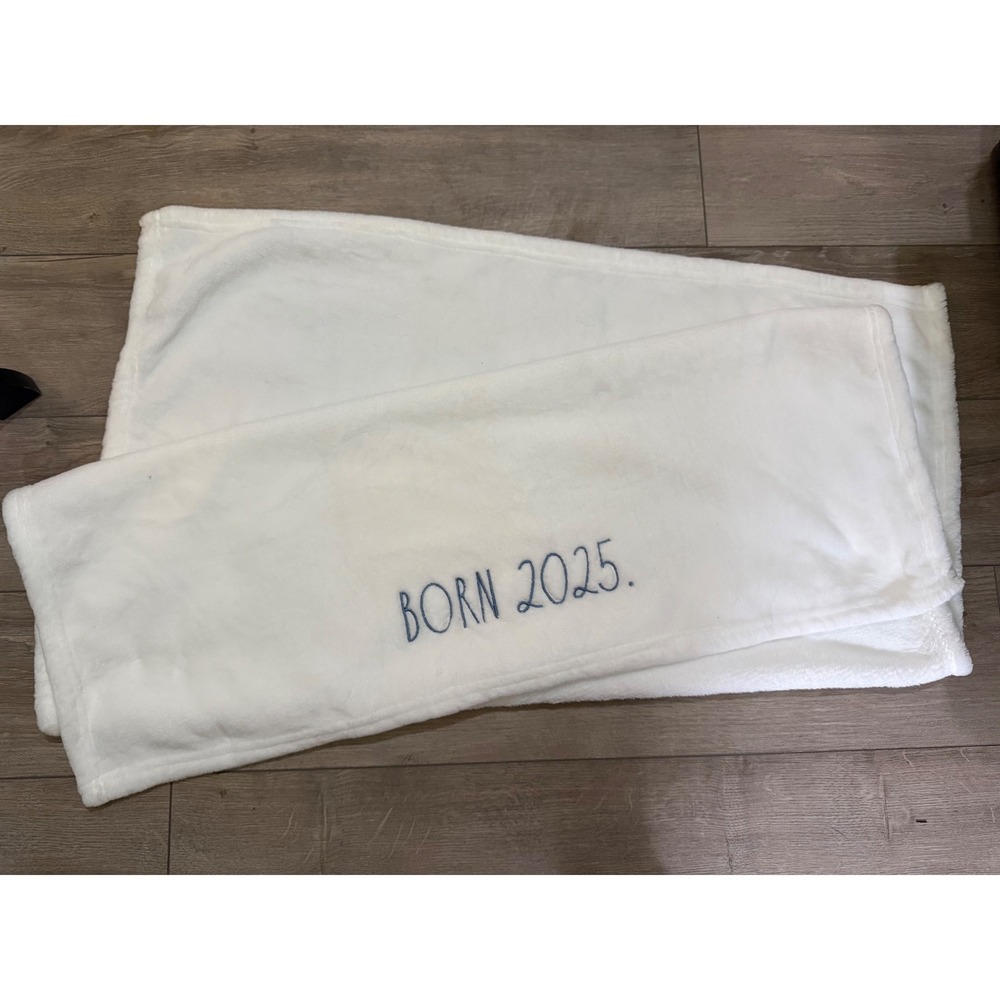 Rae Dunn Born 2025 Baby Blanket White Blue Embroidered Plush Fleece Nursery